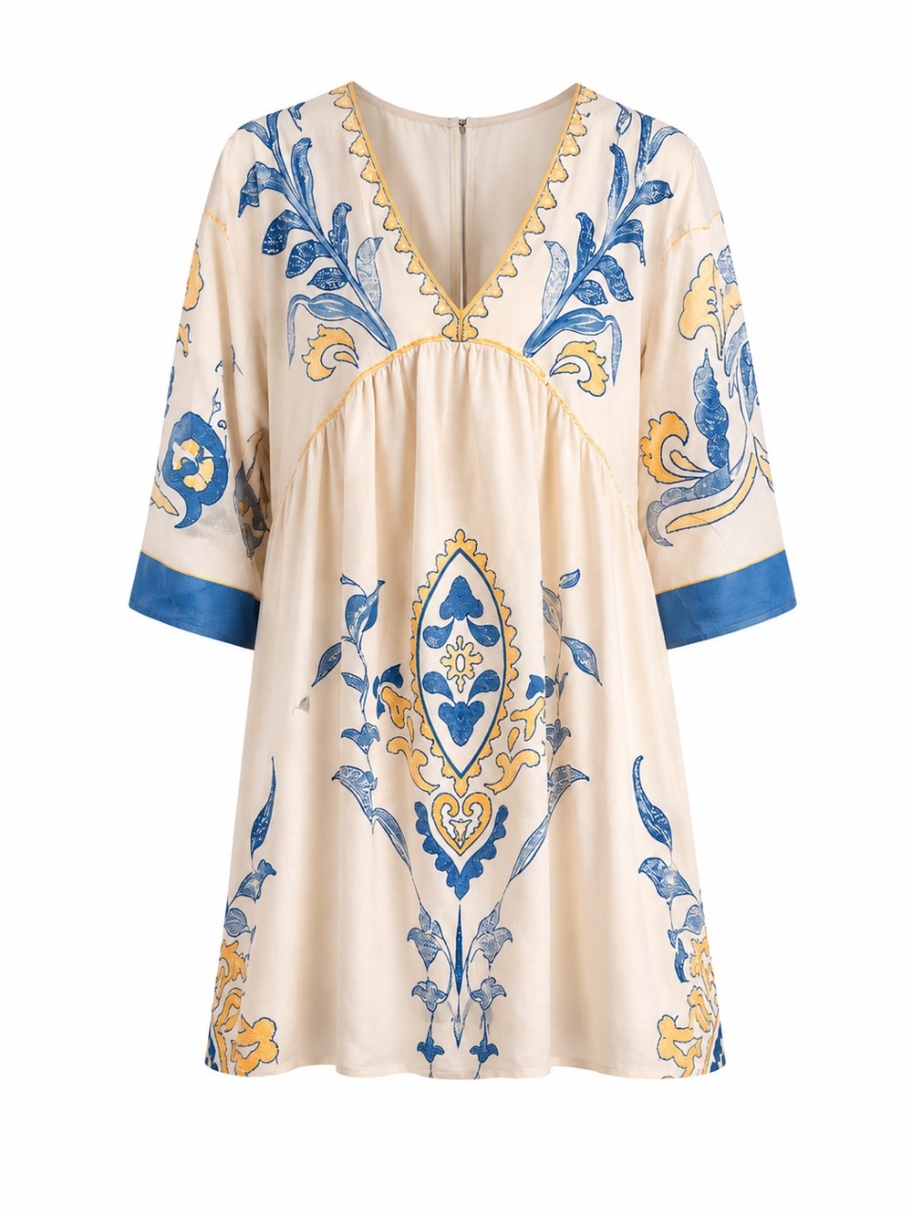 Women's Blue White Floral Print Dress Bell Sleeve Boho Summer Casual‎ Midi Dress